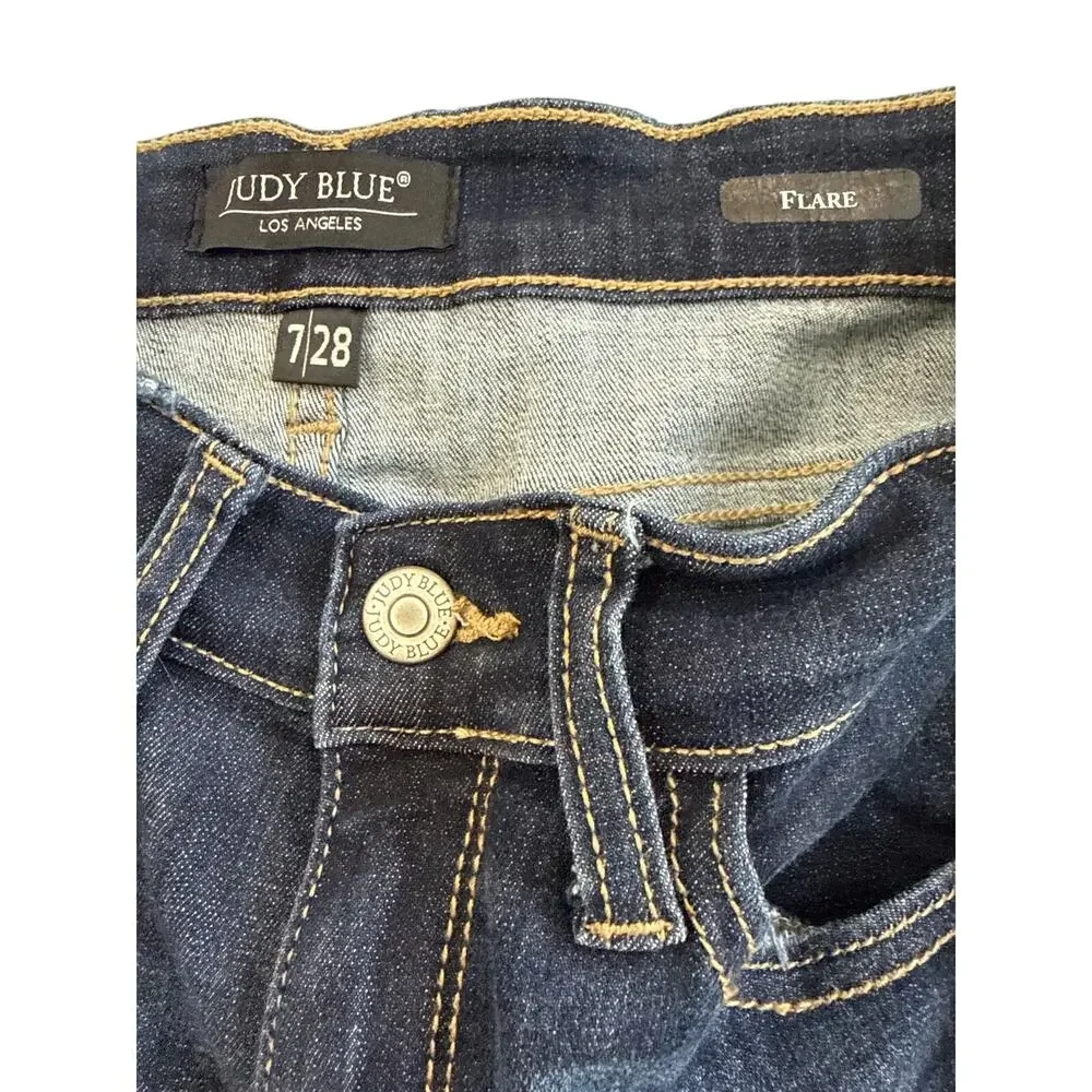 Judy Blue Flare Jeans Dark Wash Mid Rise Stretch 7 28 Classic Retro - Picture 7 of 9